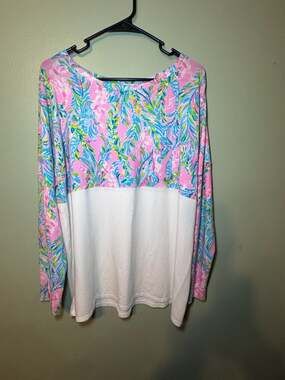 Lilly Pulitzer Finn Top Women’s XL Pink Blue Floral Colorblock Long Sleeve